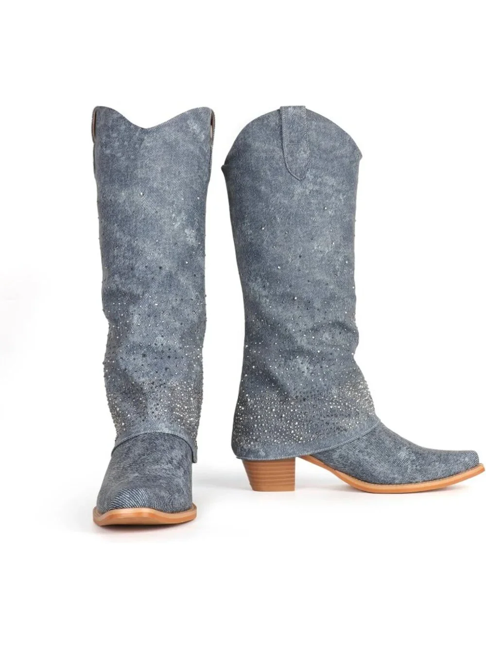 Women's Light Blue Rhinestones Fold Over Wide Calf Fashion Western Tall Boots